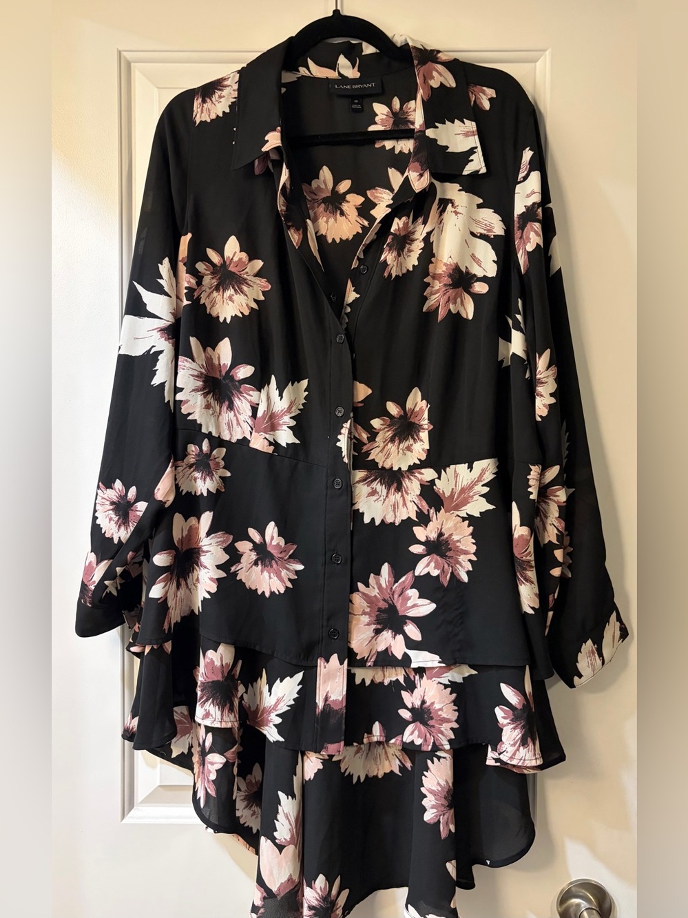 Lane Bryant Peplum high/lBlack Button-Front Top with Pink and Cream Floral Print